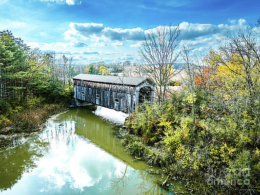 Foliage Photograph - Aerial View Of Covered Railroad Bridge In East Shoreham, Vermont by Eric Killorin