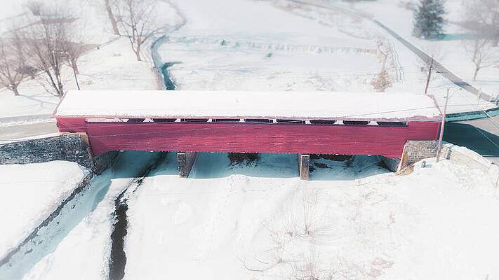 Snow-Covered Red Bridge Wall Art