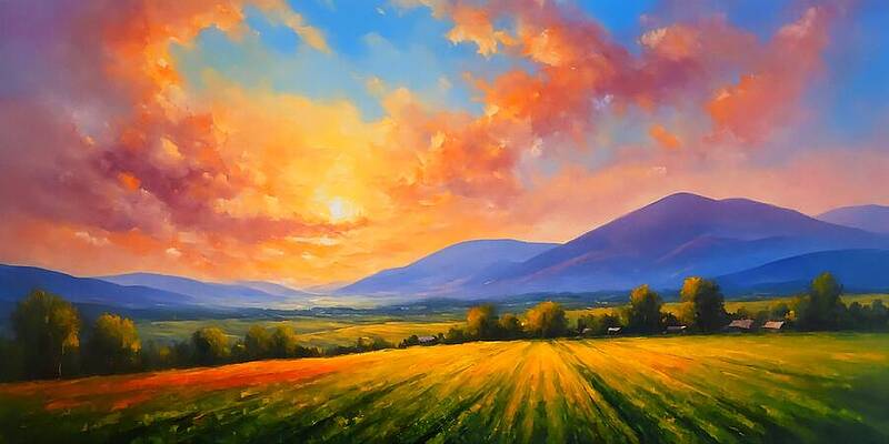 Mountain Wall Art featuring the digital art Agricultural Land And Trees, With Mountains In The Distance, Under A Beautiful Sunset Sky - Painting by Nicko Prints