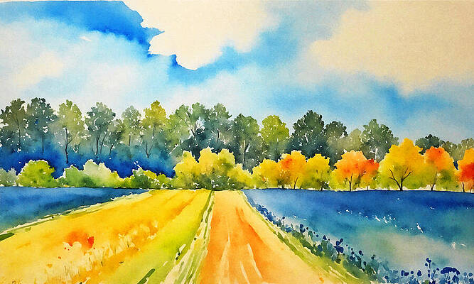Wall Art featuring the digital art Agricultural Land At The Edge Of The Forest - Watercolor Painting by Nicko Prints