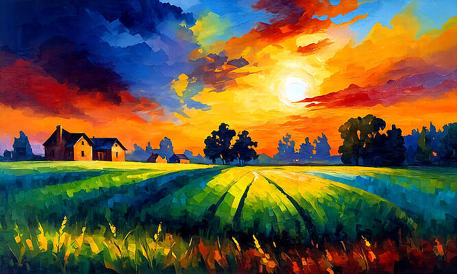 Wall Art featuring the digital art Agricultural Land With Houses And Trees At Sunset - Colorful Impressionist Painting by Nicko Prints