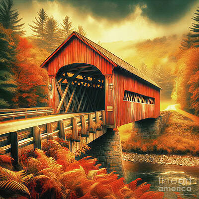 Wall Art featuring the digital art AI-generated Covered Bridge Over Stream by Eric Killorin
