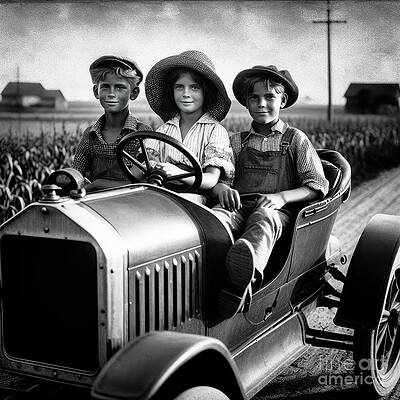 Wall Art featuring the digital art AI-generated Farm Children In 1920s Car by Eric Killorin