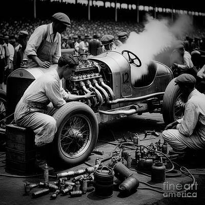 Wall Art featuring the digital art AI-generated Image Of 1920s Race Car And Mechanics by Eric Killorin