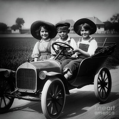 Wall Art featuring the digital art AI-generated Image Of Farm Children And 1920s Vehicle by Eric Killorin