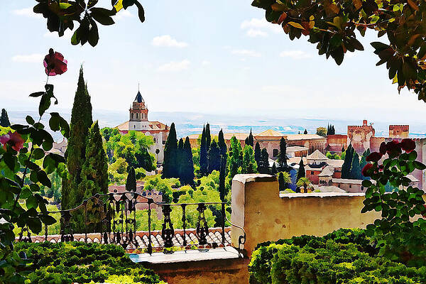 Summer Wall Art featuring the mixed media Alhambra Gardens, Digital Paint by Tatiana Travelways