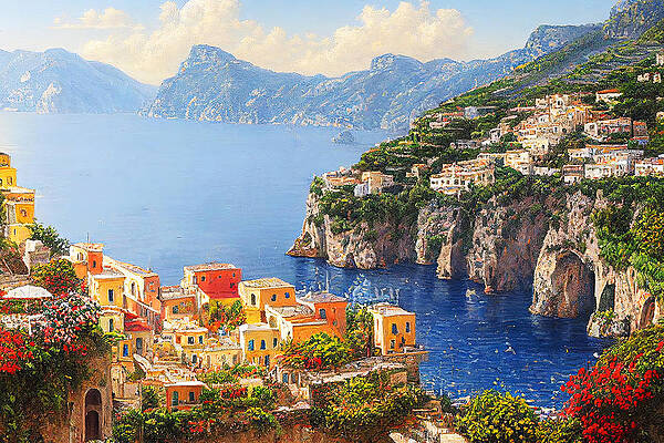 Landscape Painting - Amalfi Coast, Italian Panorama, 05 by AM FineArtPrints