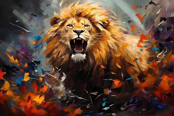 Abstract Wall Art featuring the digital art An Abstract Impressionist Portrayal Of Fierce And Majestic Nature Of A Lion No 2 by Andre Petrov
