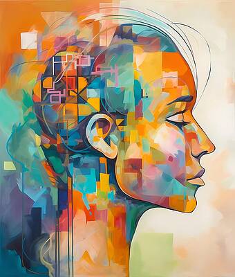 Abstract Wall Art featuring the digital art An Abstract Portrait Of A Person Lost In Thought With Colours And Shapes by Andre Petrov
