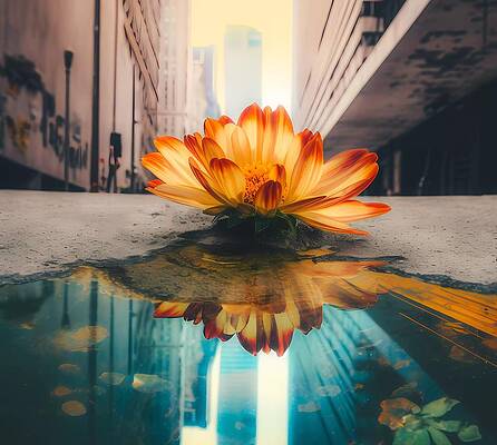Abstract Wall Art featuring the digital art An Abstract Portrait Of An Upside-down City And A Blooming Flower by Andre Petrov