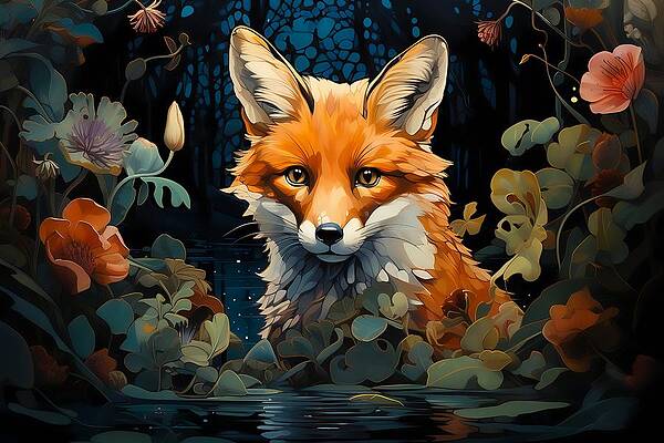 Wildlife Digital Art - An Art Nouveau Depiction Of A Curious Fox Exploring A Mystical Forest No 4 by Andre Petrov