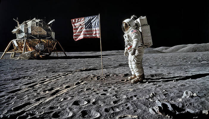 Digital Art - An Astronaut Stands Beside An American Flag On The Lunar Surface by The Luxury Art Collection