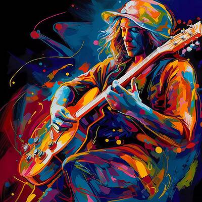 Geometric Wall Art featuring the digital art An Image Of A Performing Guitarist Bursting With Vibrant Colors And Dynamic Shapes No 2 by Andre Petrov
