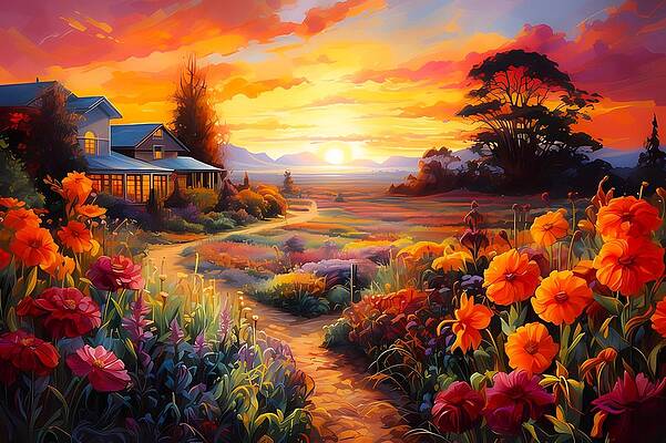 Vibrant Digital Art - An Impressionist Painting Of A Vibrant,  Multi-coloured Garden At Sunset No 2 by Andre Petrov