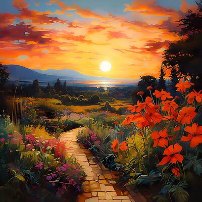 Vibrant Digital Art - An Impressionist Painting Of A Vibrant,  Multi-coloured Garden At Sunset No 3 by Andre Petrov