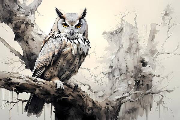 Wildlife Digital Art - An Ink And Charcoal Sketch Of A Wise Owl Perched On An Ancient Oak Tree by Andre Petrov