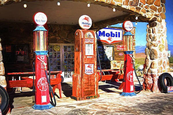 Wall Art featuring the mixed media Antique Mobilgas Pumps, Cool Springs Station, Arizona by Tatiana Travelways