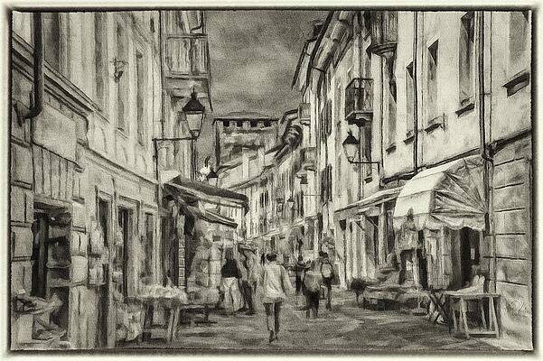 Wall Art featuring the painting Aosta Street Sceen - BW by Jeffrey Kolker