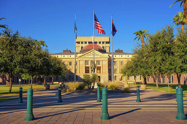 Wall Art featuring the photograph Arizona State Capitol With Flags And Statue In Phoenix, Arizona by Miroslav Liska