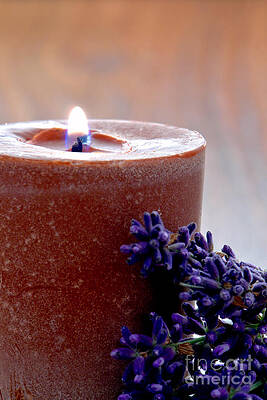 Wall Art featuring the photograph Aromatherapy Candle And Lavender Flowers In A Spa by Olivier Le Queinec