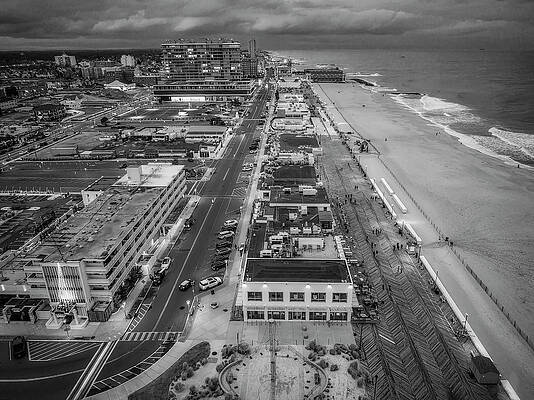 Wall Art featuring the photograph Asbury Park Boardwalk Aerial Bw by Susan Candelario