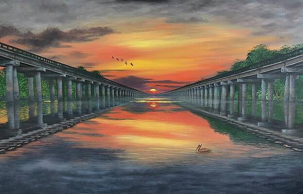 Wall Art featuring the painting Atchafalaya Basin Bridge by Marlene Little