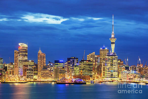 Dramatic Photograph - Auckland Skyline At Night, New Zealand by Neale And Judith Clark