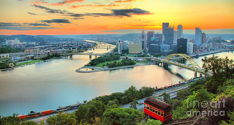 Sunrise Wall Art featuring the photograph August Duquesne Incline Sunrise Panorama by Adam Jewell