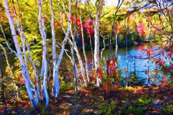 Wall Art featuring the mixed media Autumn Aspen Trees By The Lake - Painterly by Tatiana Travelways