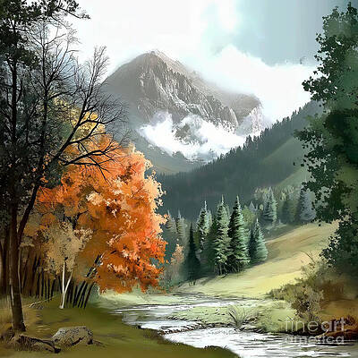 Autumn Mountain Scene with Stream Wall Art