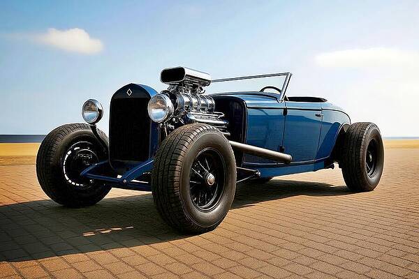 Classic Blue Hot Rod at the Beach Wall Art