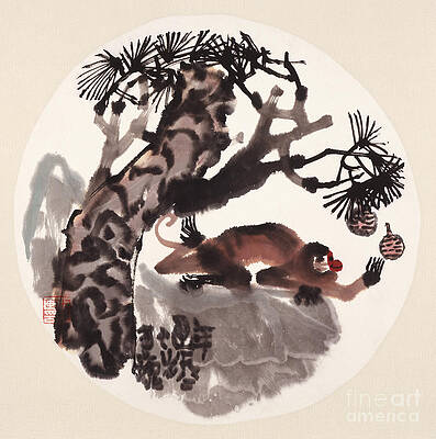 Tree Painting - Baboon In Tree by Wang Yani