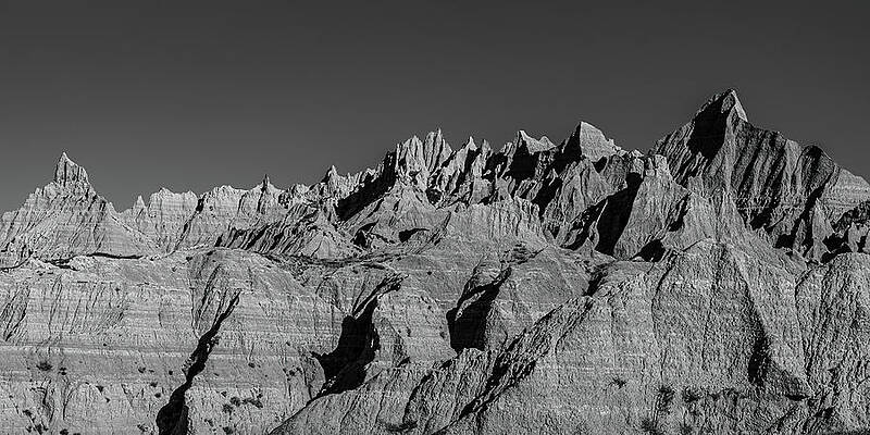 Badlands Pinnacles Panorama 3--back And White Print