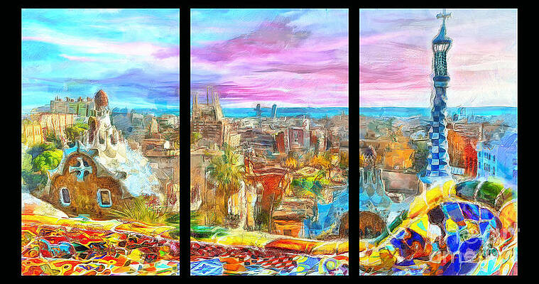 Painting - Barcelona From Park Guell Triptych by Stefano Senise