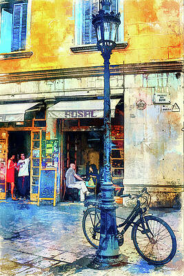 Transportation Wall Art featuring the mixed media Barcelona Street Cafe And Bike by Tatiana Travelways