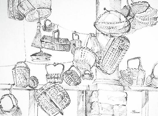 Wall Art featuring the drawing Baskets Hanging by Sheila Parsons
