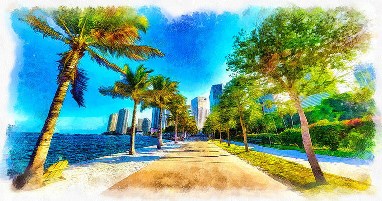Nature Digital Art - Bayfront Park In Downtown Miami - Sketch Painting by Nicko Prints