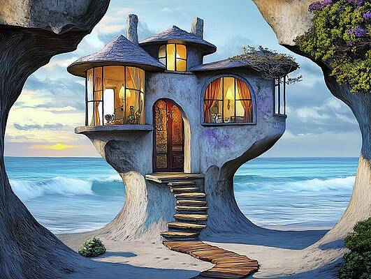 Seaside Cliff House at Sunset Digital Art