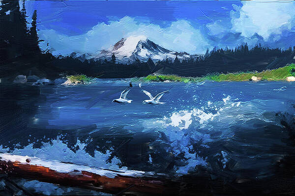 Serene Digital Art - Beach Mountain Digital Oil Painting by Nature Oil Painting