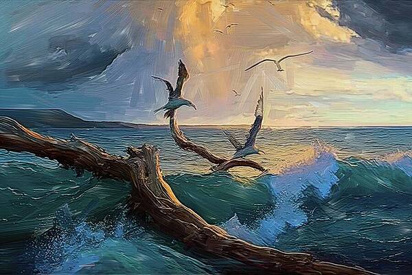 Serene Digital Art - Beach Sunset With Flying Seagulls Digital Oil Painting by Nature Oil Painting