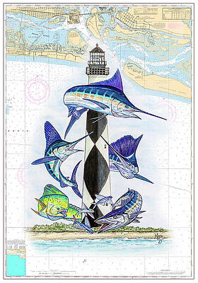 Colorful Fish Surround Lighthouse Wall Art