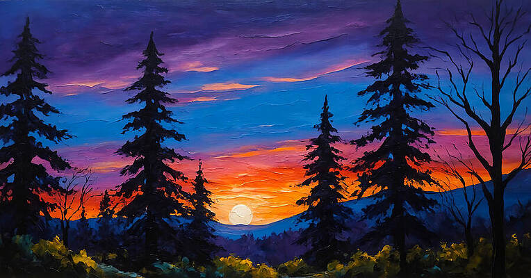 Mountain Wall Art featuring the digital art Beautiful Orange, Red Blue, And Violet Sunset Sky Over Coniferous Forest In The Mountains - Painting by Nicko Prints