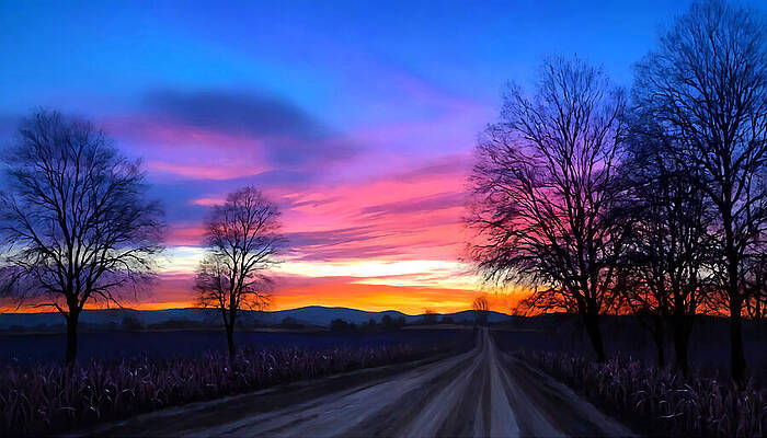 Vibrant Wall Art featuring the digital art Beautiful Violet And Pink Twilight Sky Over A Corn Field Dirt Road - Digital Painting by Nicko Prints