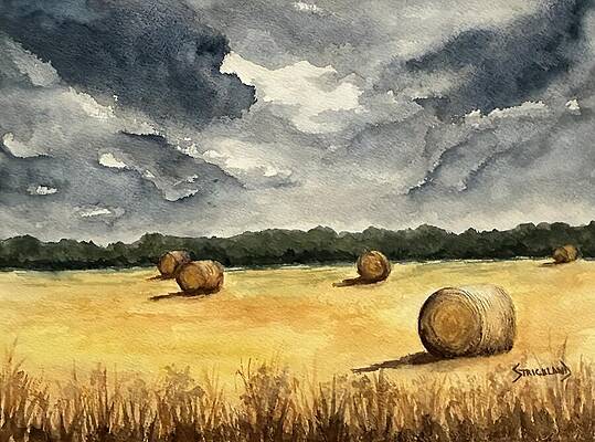 Stormy Sky Over Hay Bales Painting