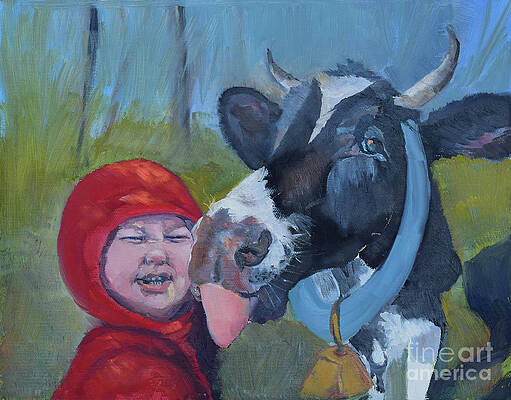 Painting - Bessie Loves Bo - Cow Licks Boy by Jan Dappen