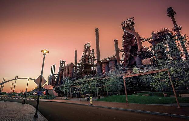 Wall Art featuring the photograph Bethlehem SteelStacks April Glow by Jason Fink