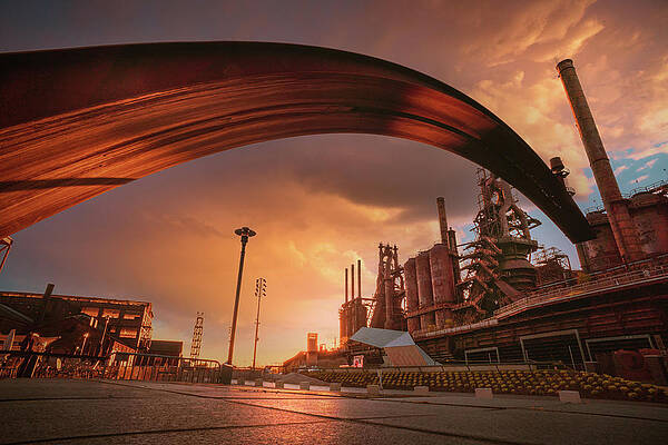 Nature Wall Art featuring the photograph Bethlehem SteelStacks Under The Bridge - Stormy Skies by Jason Fink