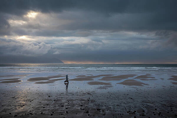 Surfer on Tranquil Beach at Dusk Wall Art