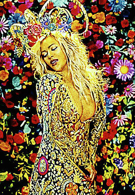 Woman in Floral Dress and Headdress Digital Art