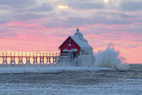 Architecture Wall Art featuring the photograph Big Splash At The Grand Haven Lighthouse After Sunset by Michael Collins